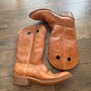 Dodge City Cowboy Boots VINTAGE Camel Brown Keyhole Cutout Western Men Size 10 D